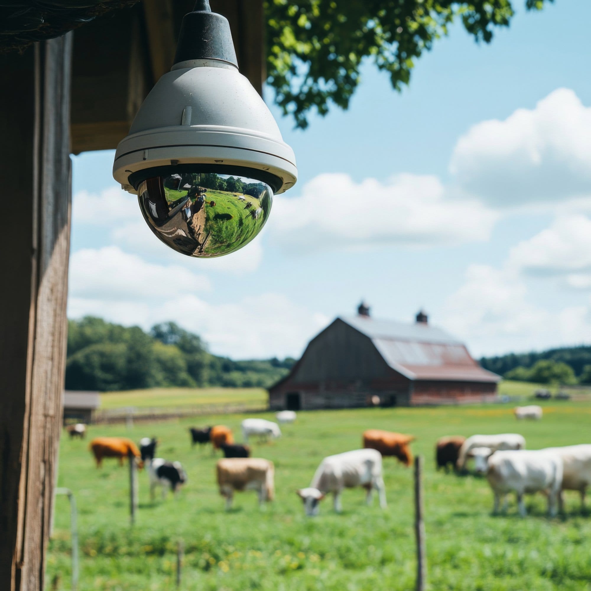 A dome security camera reflecting a pasture full of grazing cattle